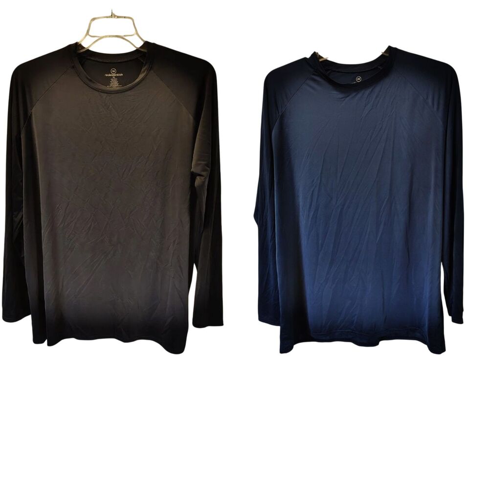 Lot of 2 Real Essentials Men's XL Long Sleeve Performance Shirts Black Navy Blue